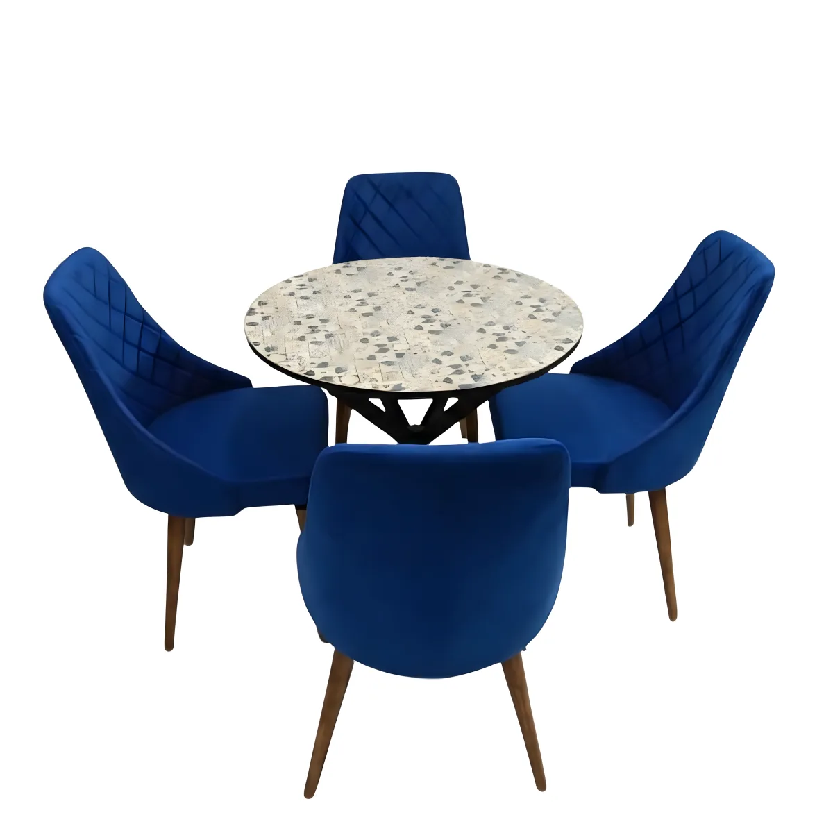 Round Terrazzo Top Dining Table with Blue Velvet Chair Set